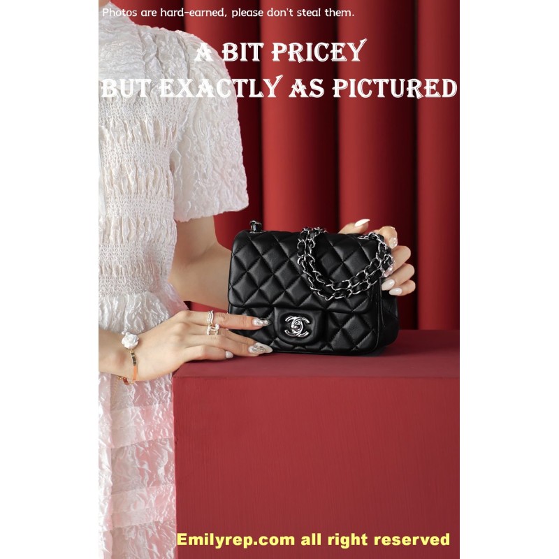 chanel classic sheepskin flap black and silver square 13-17-8cm  C0001
