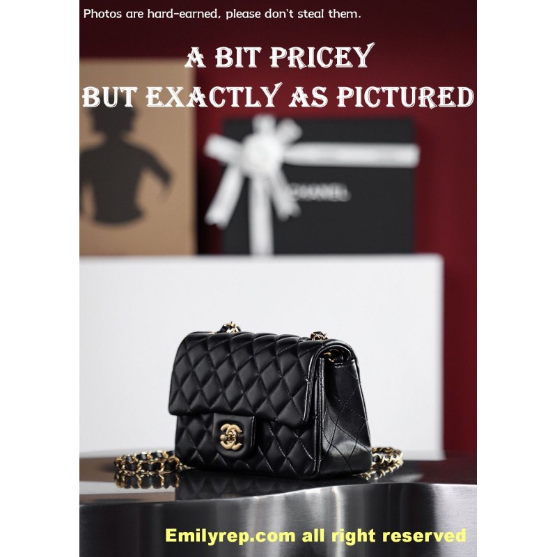 chanel classic sheepskin flap black and gold mini 12-20-6cm C0003