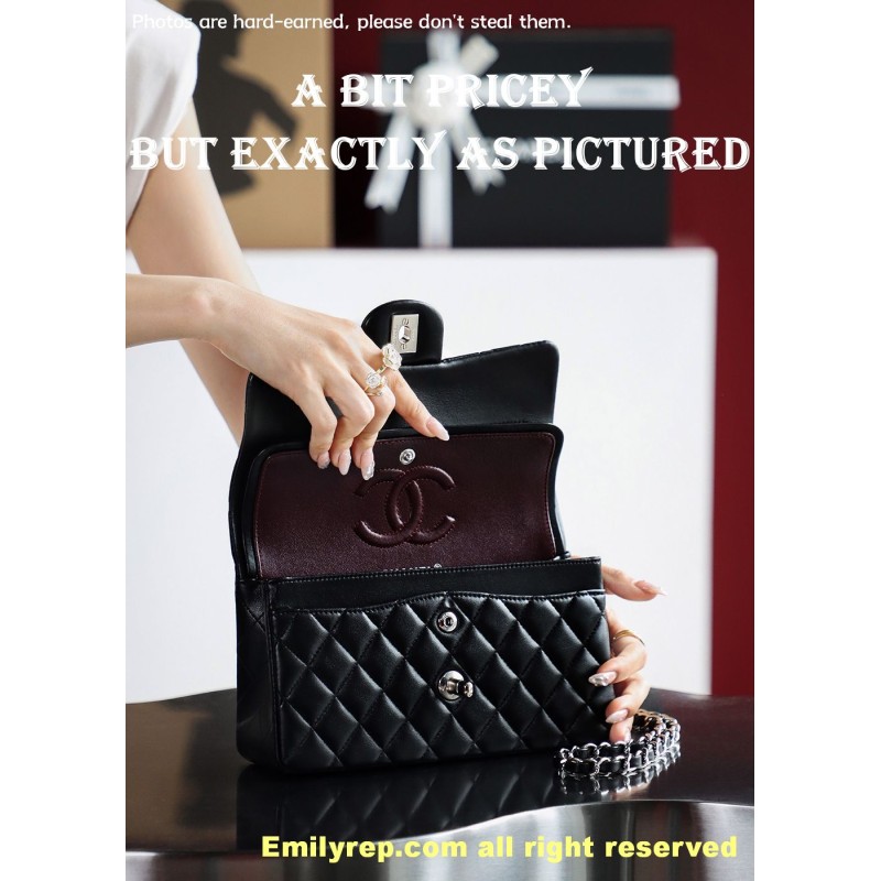 chanel classic sheepskin flap black and silver small 14.5-23-6cm C0004