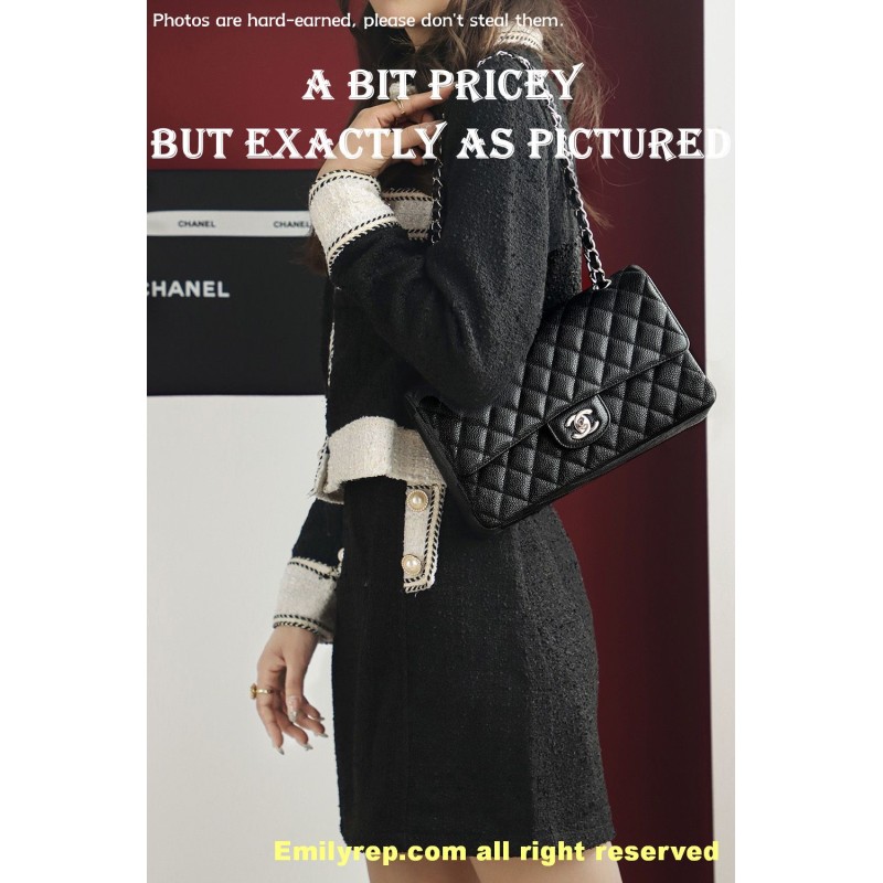 Chanel Classic Flap Ball-grain calfskin black and silver medium 15.5-25.5-6.5cm C0035
