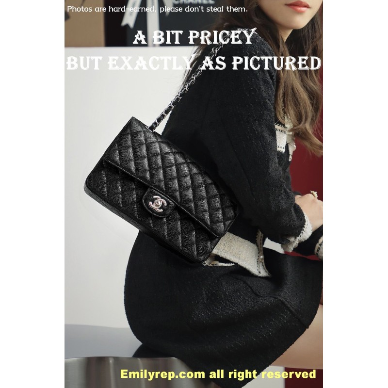 Chanel Classic Flap Ball-grain calfskin black and silver medium 15.5-25.5-6.5cm C0035