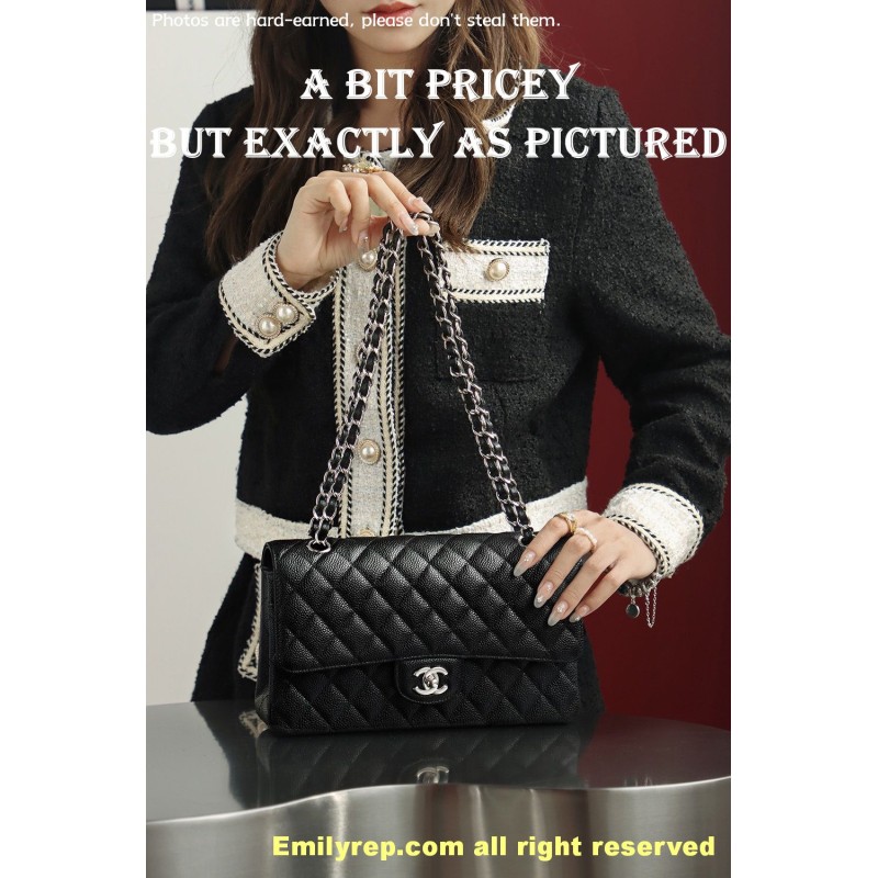 Chanel Classic Flap Ball-grain calfskin black and silver medium 15.5-25.5-6.5cm C0035