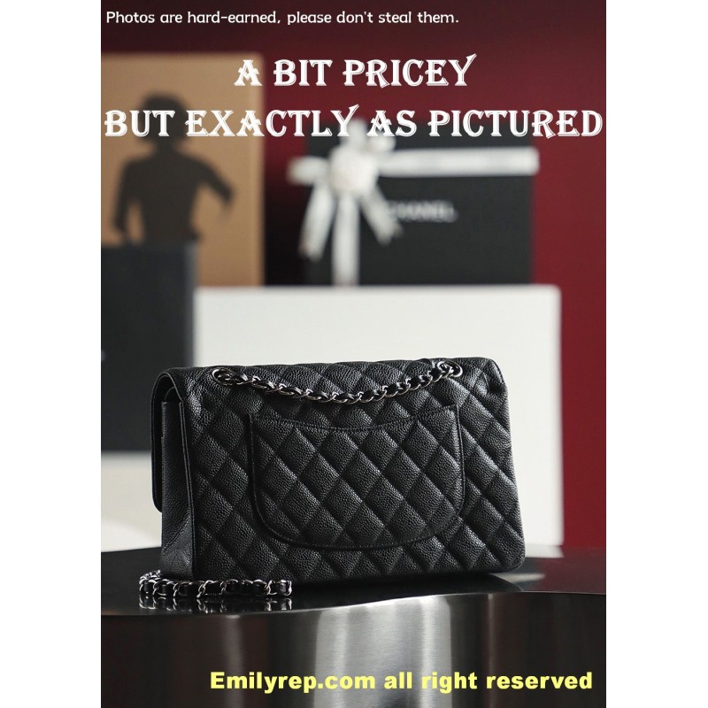 Chanel Classic Flap Ball-grain calfskin black and silver medium 15.5-25.5-6.5cm C0035
