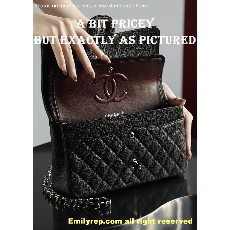Chanel Classic Flap Ball-grain calfskin black and silver medium 15.5-25.5-6.5cm C0035