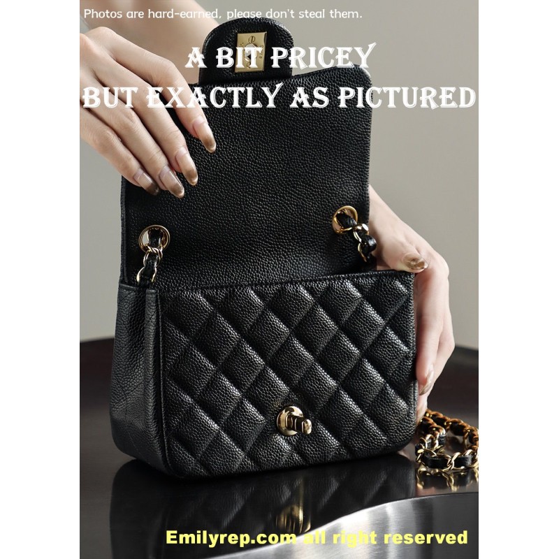 Chanel Classic Flap Ball-grain calfskin black and gold square 13-17-8cm C0037