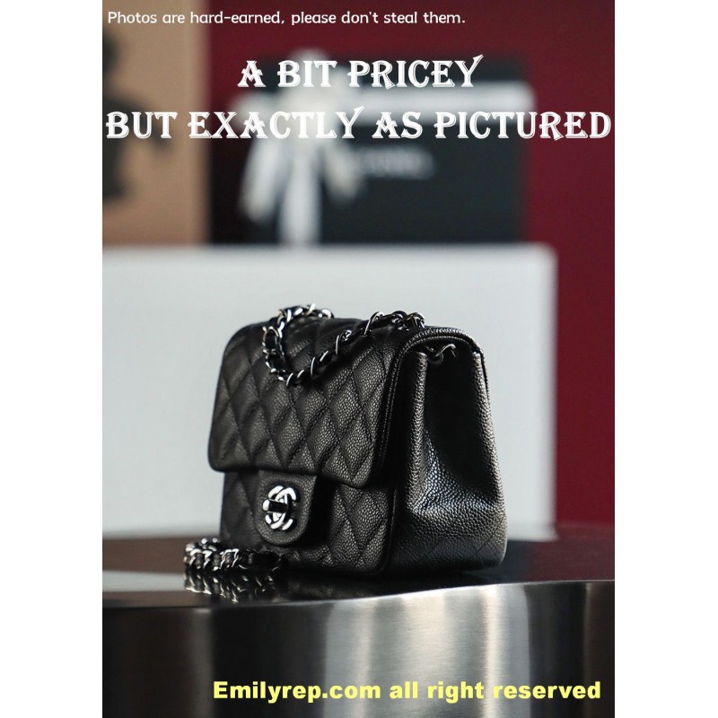 Chanel Classic Flap Ball-grain calfskin black and silver square 13-17-8cm C0038