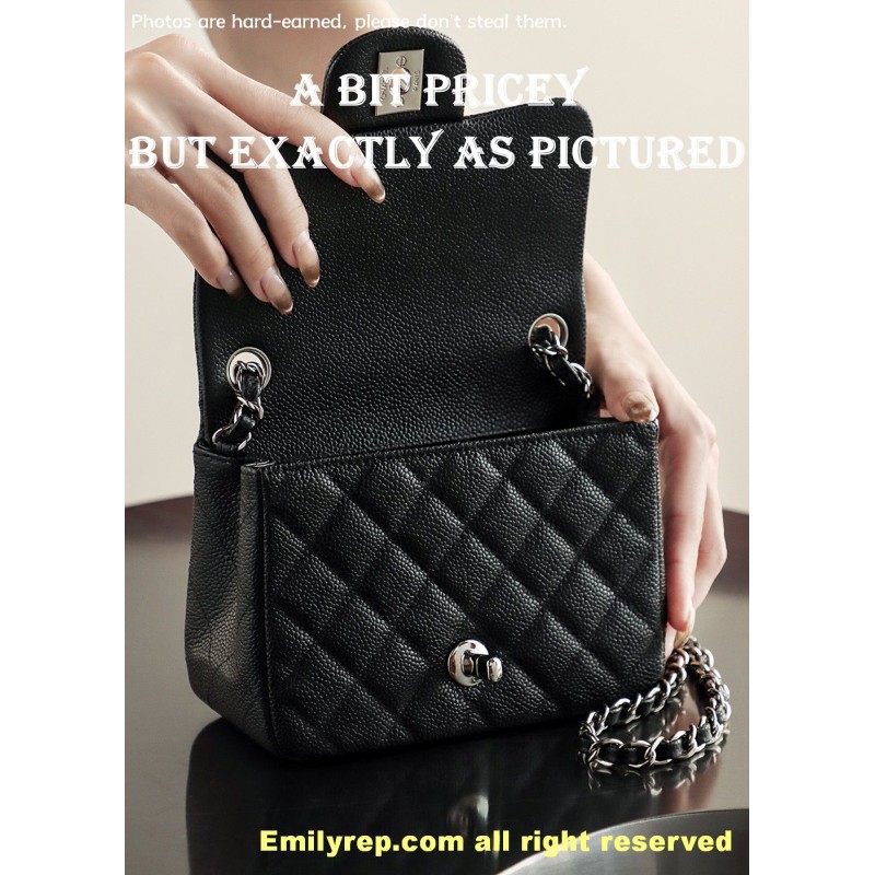 Chanel Classic Flap Ball-grain calfskin black and silver square 13-17-8cm C0038