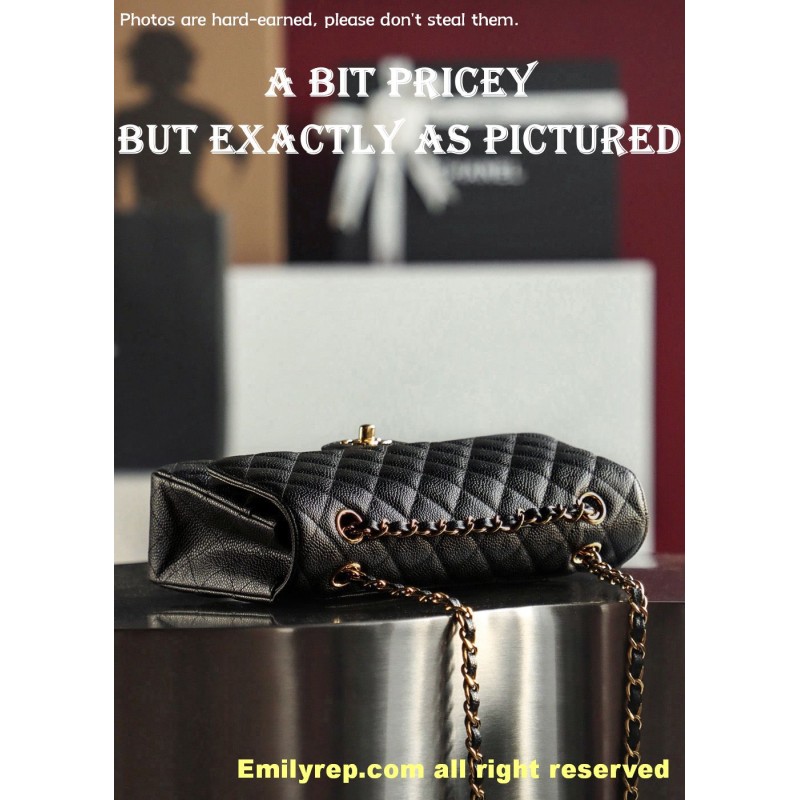 Chanel Classic Flap Ball-grain calfskin black and gold medium 15.5-25.5-6.5cm C0043