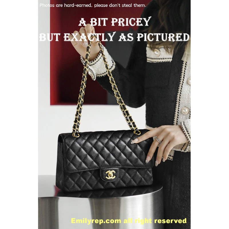 Chanel Classic Flap Ball-grain calfskin black and gold medium 15.5-25.5-6.5cm C0043