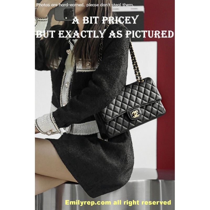 Chanel Classic Flap Ball-grain calfskin black and gold medium 15.5-25.5-6.5cm C0043