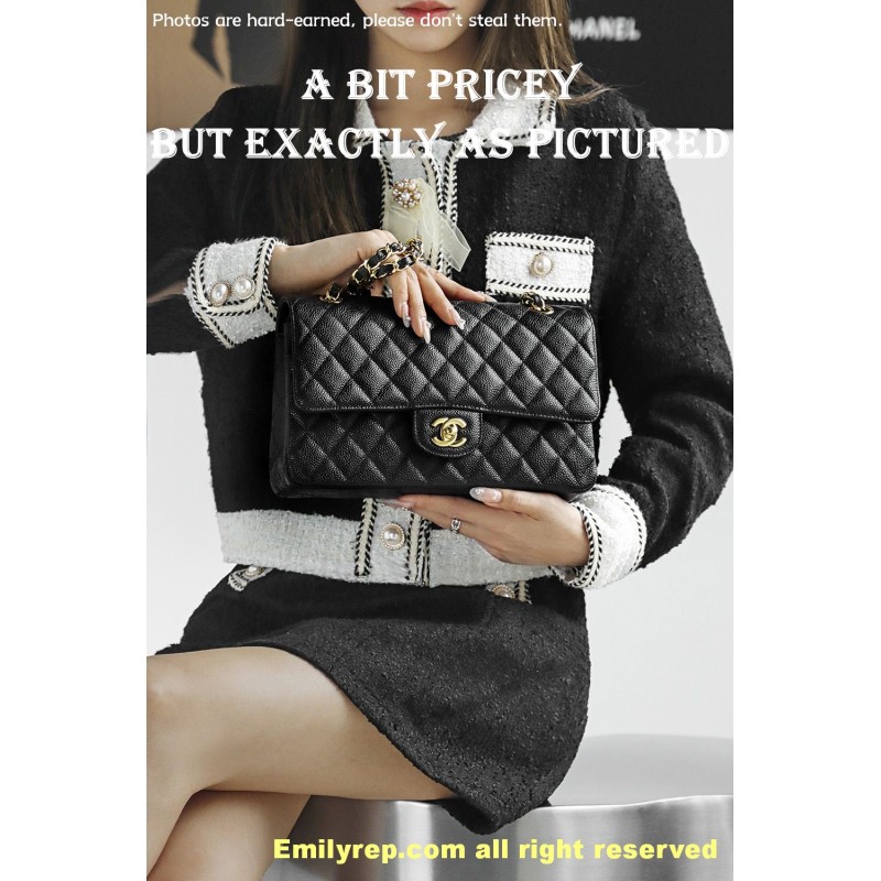Chanel Classic Flap Ball-grain calfskin black and gold medium 15.5-25.5-6.5cm C0043