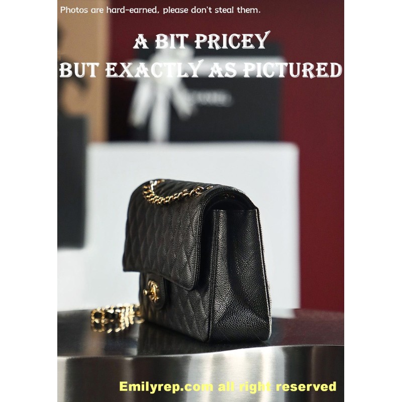 Chanel Classic Flap Ball-grain calfskin black and gold medium 15.5-25.5-6.5cm C0043