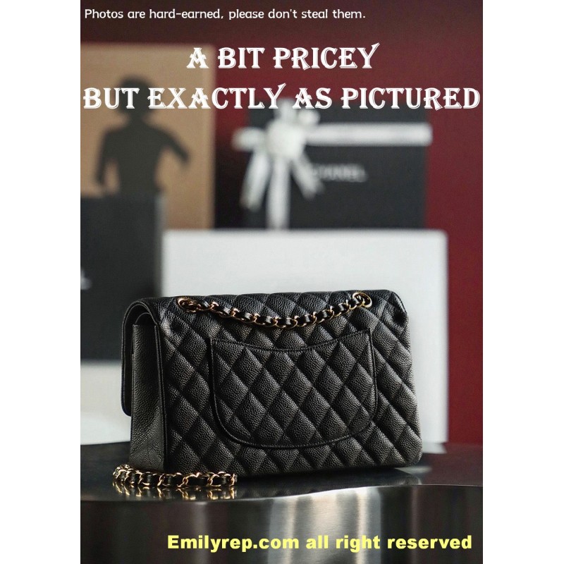 Chanel Classic Flap Ball-grain calfskin black and gold medium 15.5-25.5-6.5cm C0043