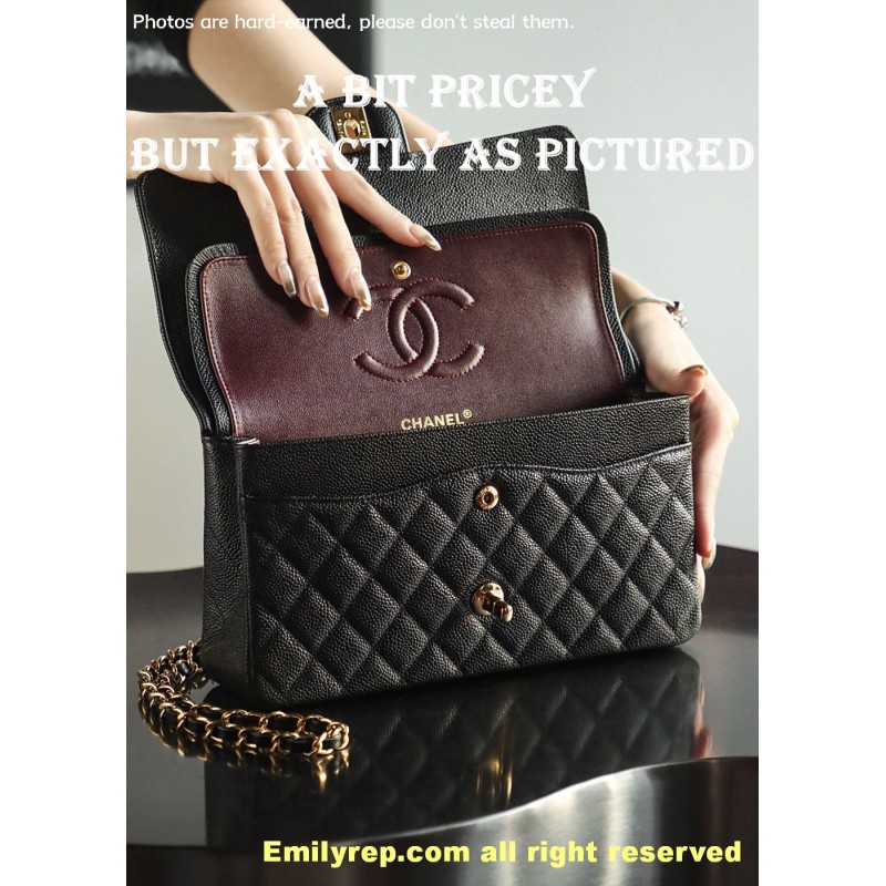 Chanel Classic Flap Ball-grain calfskin black and gold medium 15.5-25.5-6.5cm C0043