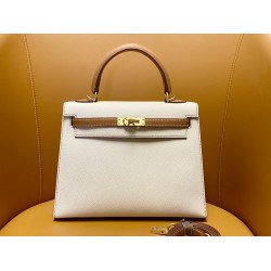 Hermès Kelly25 in Milkshake White and Gold Brown, Epsom leather with matte gold buckle-100% Handmade, needs 3-7 days