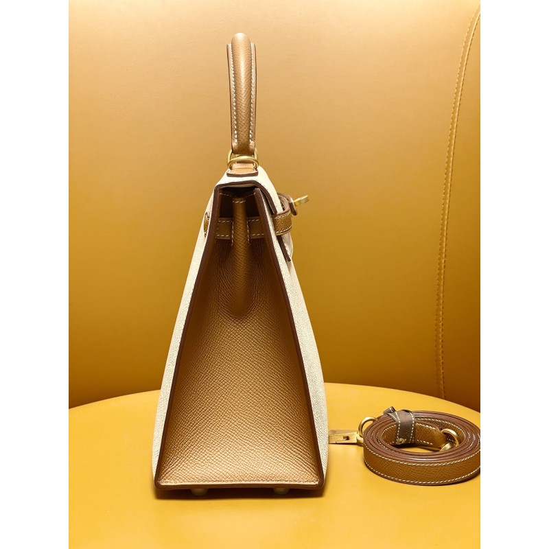 Hermès Kelly25 in Milkshake White and Gold Brown, Epsom leather with matte gold buckle-100% Handmade, needs 3-7 days