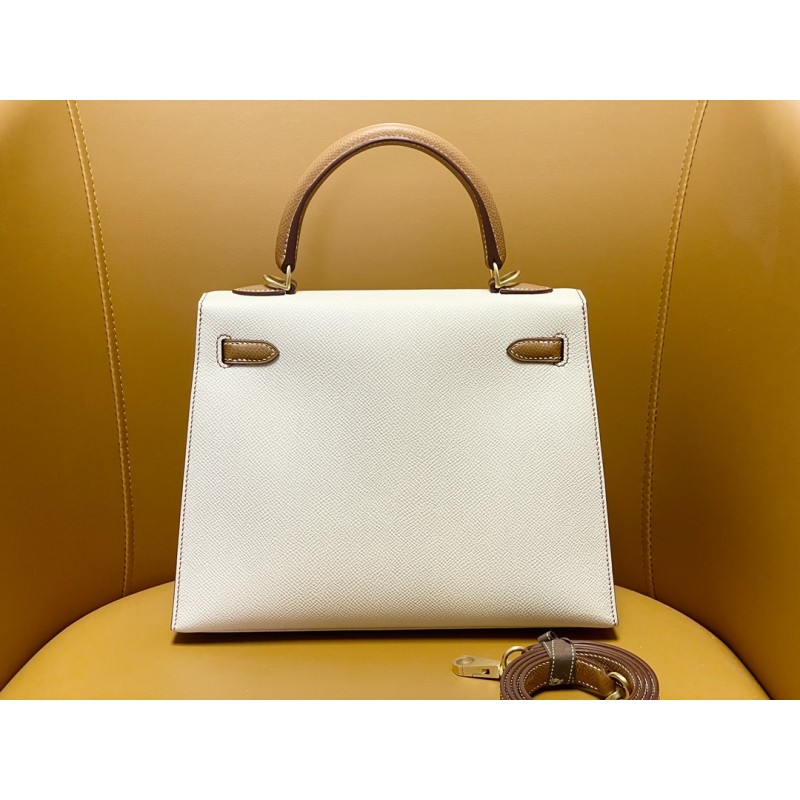 Hermès Kelly25 in Milkshake White and Gold Brown, Epsom leather with matte gold buckle-100% Handmade, needs 3-7 days