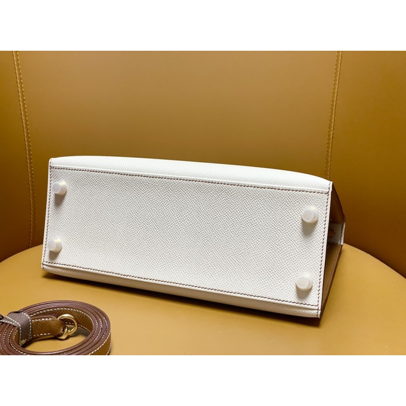 Hermès Kelly25 in Milkshake White and Gold Brown, Epsom leather with matte gold buckle-100% Handmade, needs 3-7 days