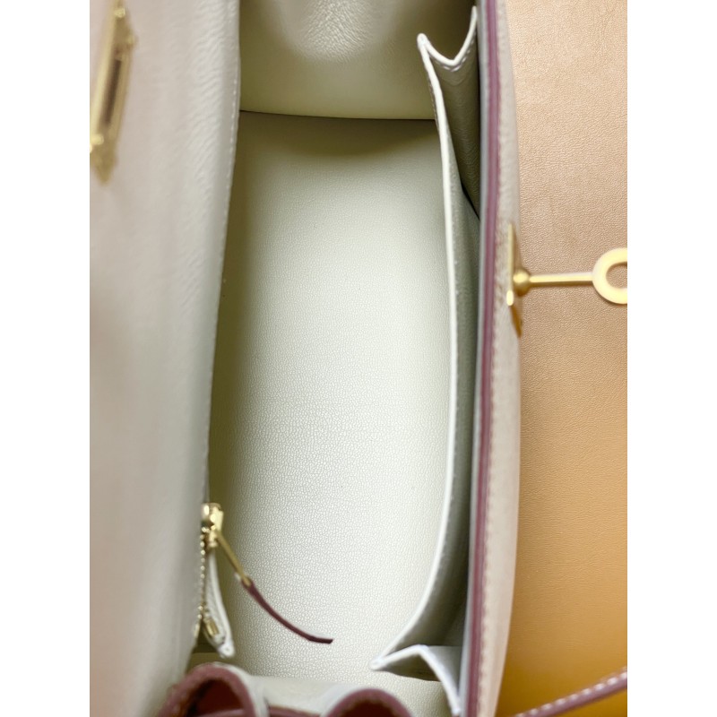 Hermès Kelly25 in Milkshake White and Gold Brown, Epsom leather with matte gold buckle-100% Handmade, needs 3-7 days