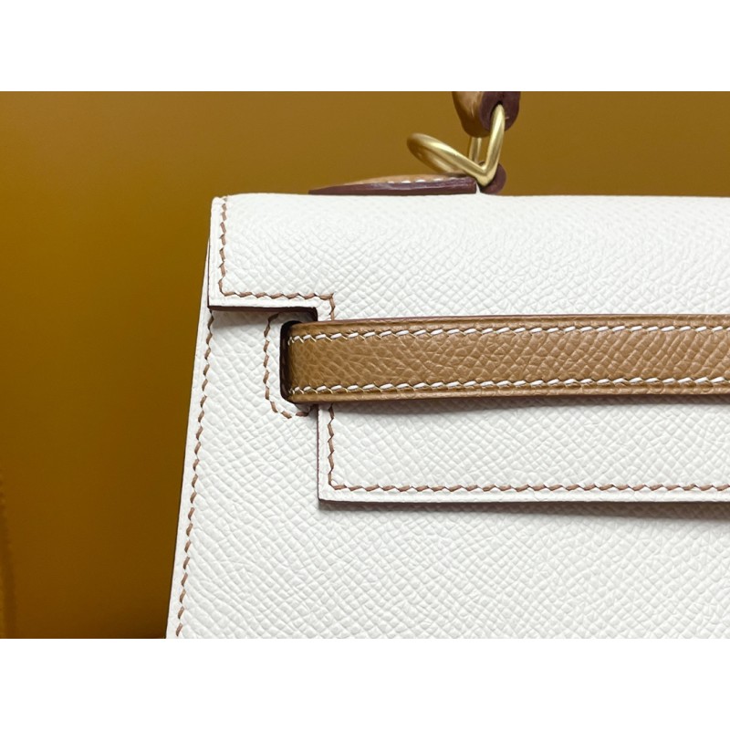 Hermès Kelly25 in Milkshake White and Gold Brown, Epsom leather with matte gold buckle-100% Handmade, needs 3-7 days