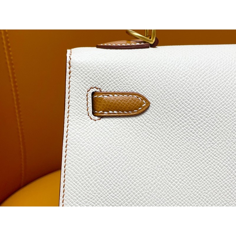 Hermès Kelly25 in Milkshake White and Gold Brown, Epsom leather with matte gold buckle-100% Handmade, needs 3-7 days