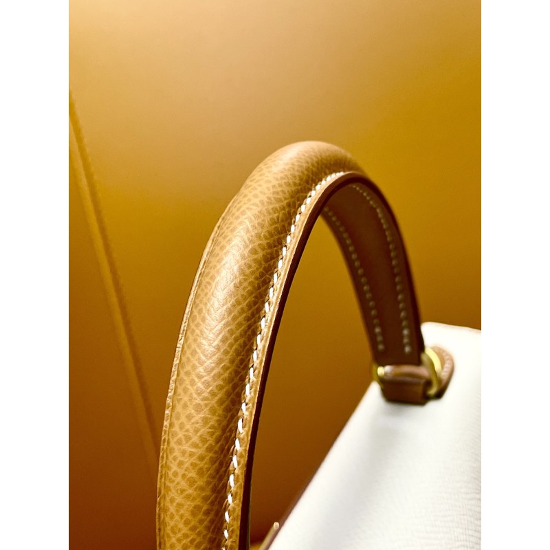 Hermès Kelly25 in Milkshake White and Gold Brown, Epsom leather with matte gold buckle-100% Handmade, needs 3-7 days